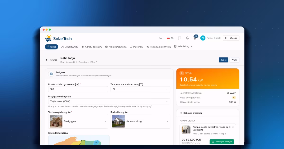 Kalkulator zapotrzebowania na moc cieplną w sklepie B2B z wynikiem w kW, wskaźnikiem W/m² i klasą energetyczną
