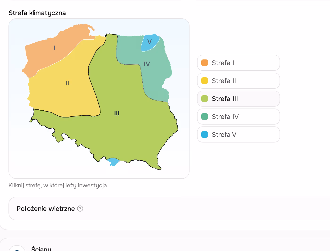 Klikalna mapa stref klimatycznych Polski w formularzu kalkulatora, z legendą pięciu stref