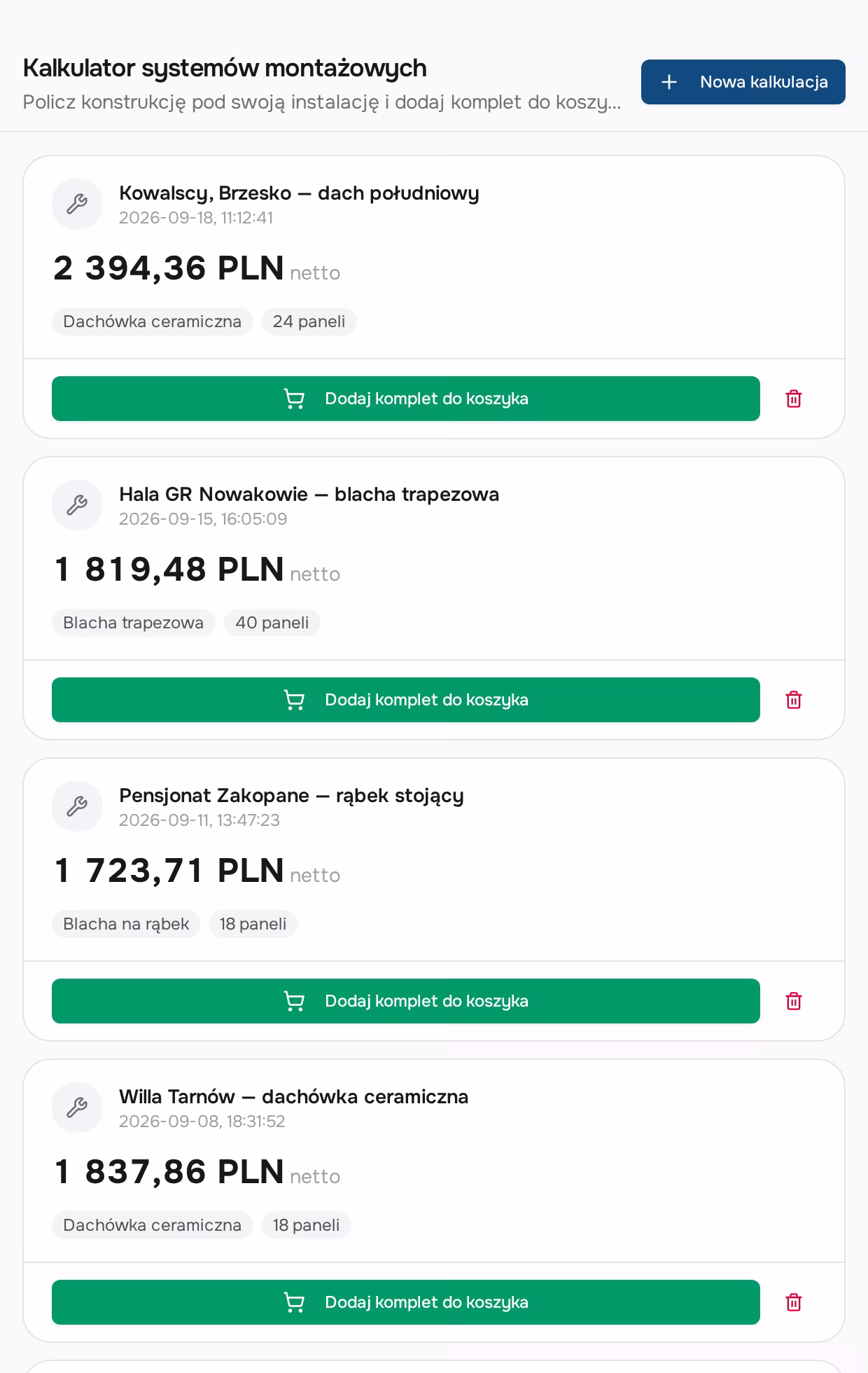 Panel zapisanych kalkulacji w sklepie klienta z zaznaczoną pozycją w edycji