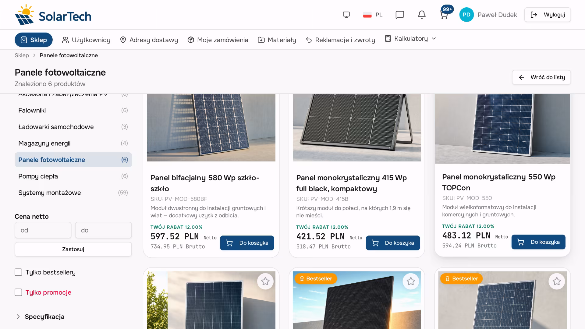 Katalog paneli fotowoltaicznych w sklepie B2B z cenami netto i widocznym rabatem klienta 12%