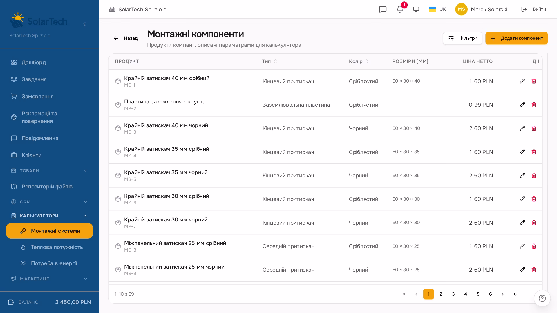 Каталог монтажних елементів у панелі компанії: список товарів із типом, кольором, розмірами й ціною нетто